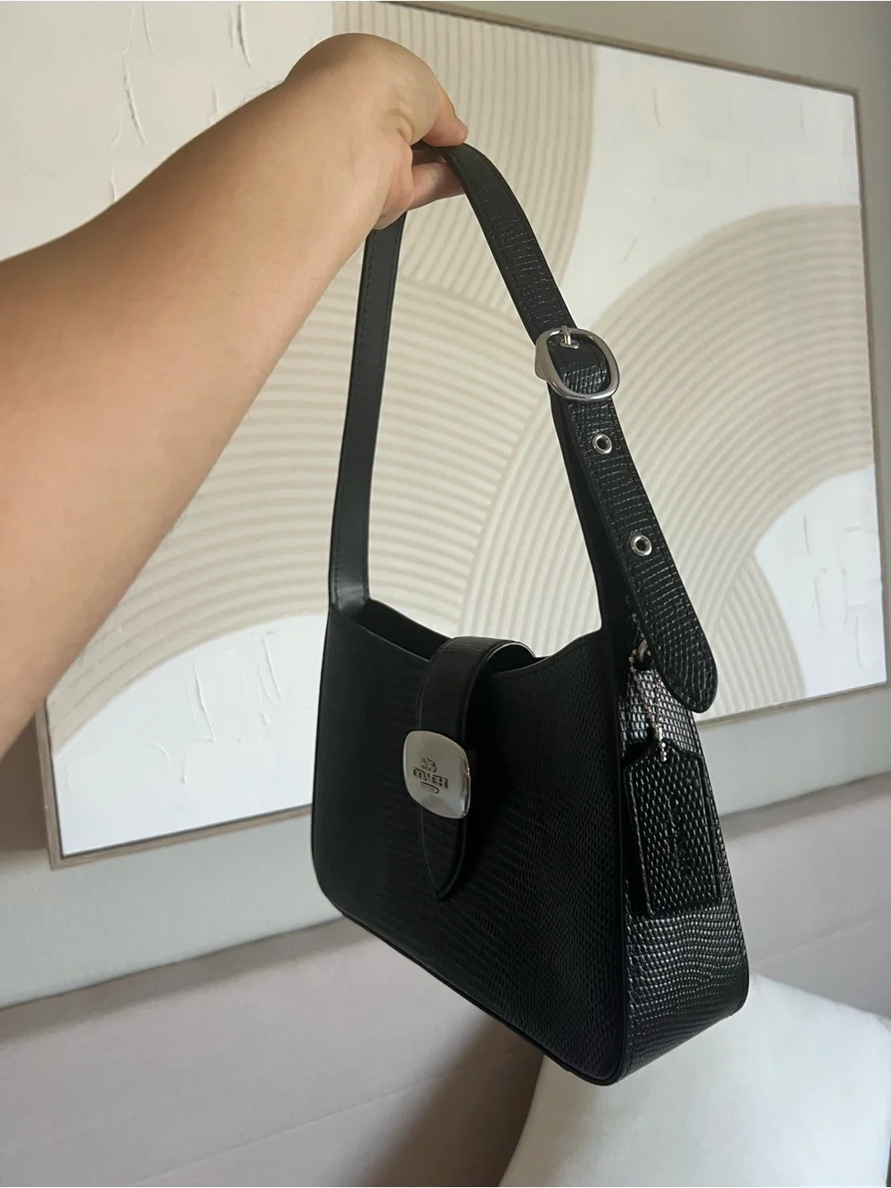 Coach Eliza Black Textured Leather Shoulder Bag with Silver-Tone Plaque